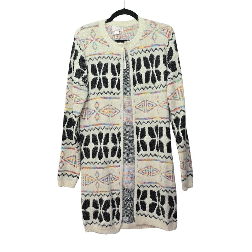 Kamana‎ Cardigan Sweater Womens Large White Black Geometric Long Line Knit Cozy